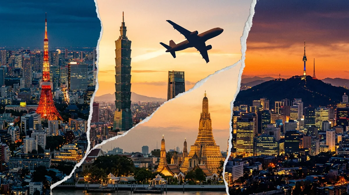 Collage of Asian city skylines at dusk including Tokyo, Taipei, Bangkok and Seoul with an aeroplane silhouette