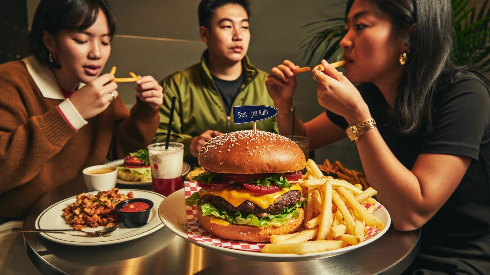 A warm-lit spread of food, illustrating a guide to the best burgers in Hong Kong 2026