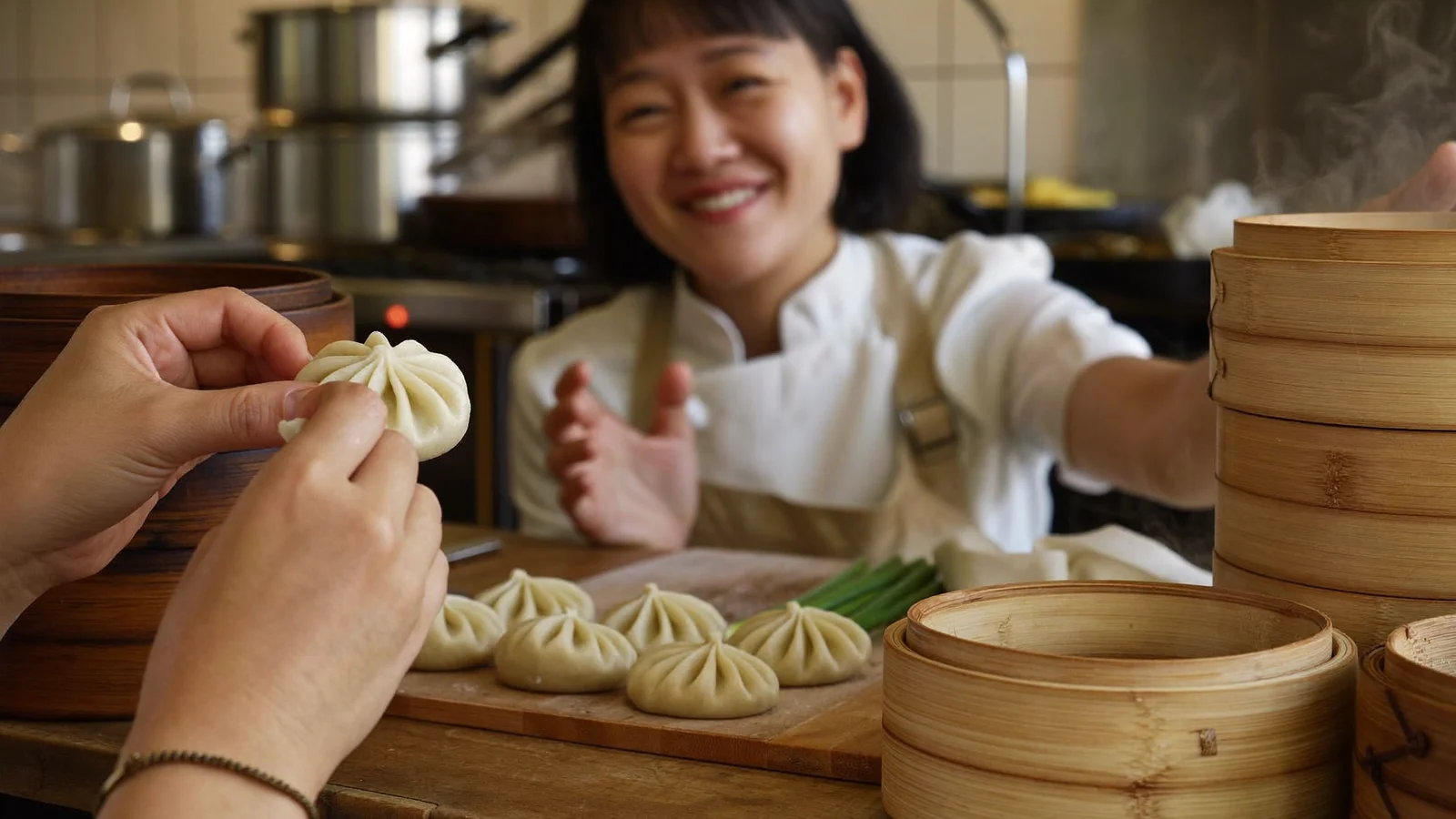 Hands folding pleats into a dim sum dumpling at a teaching kitchen workstation with bamboo steamers nearby, local Hong Kong Chinese instructor guiding in the background, illustrative image for this cooking class guide, not a photo of any specific school