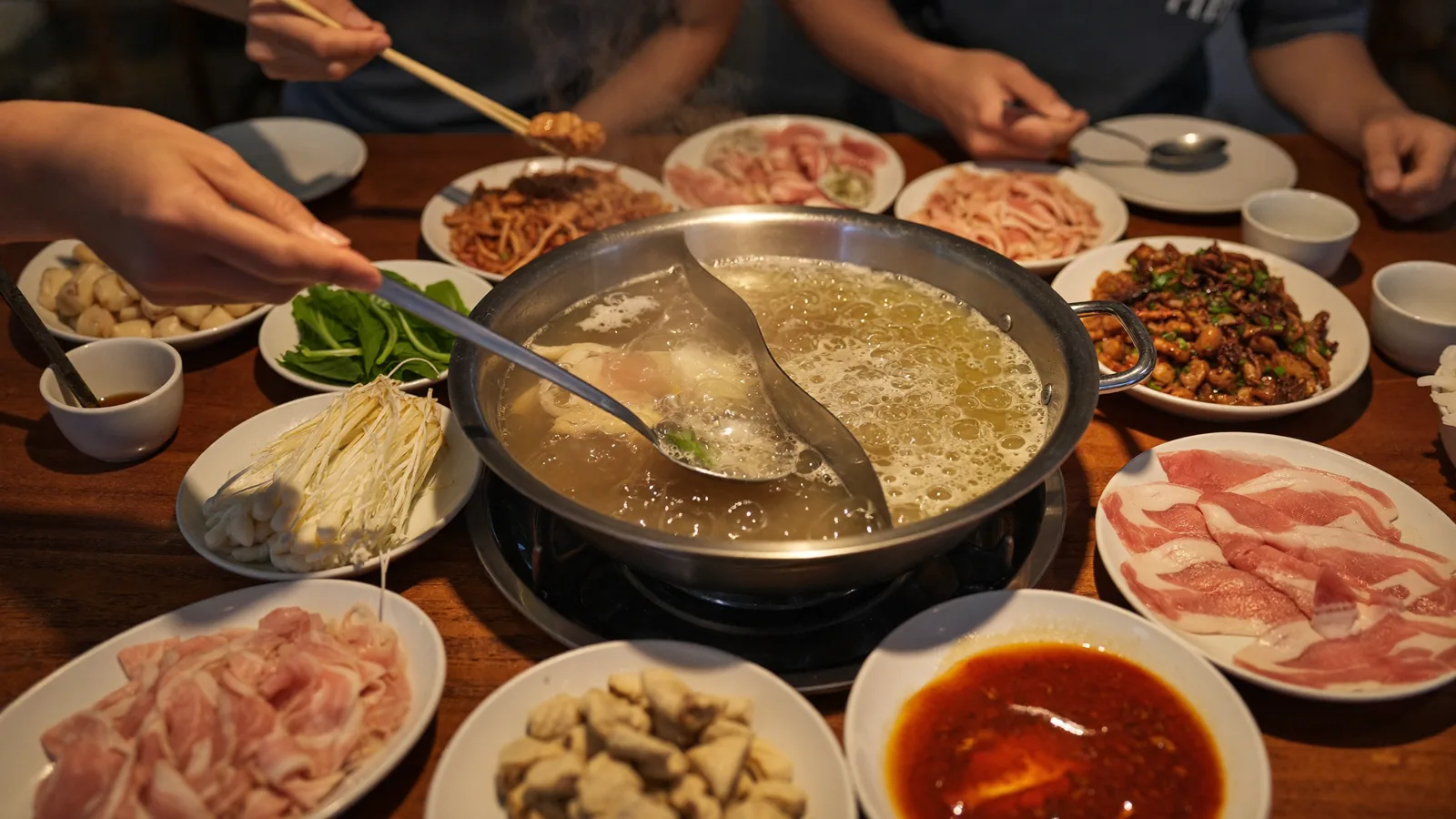 A Hong Kong dining spread on a warm-lit table, illustrating a guide to the best hotpot in Hong Kong 2026