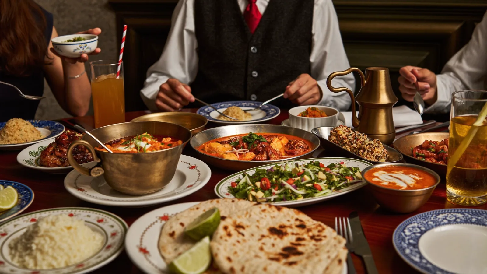 A warmly lit Hong Kong dining scene, illustrating a guide to the best Indian restaurants in Hong Kong 2026