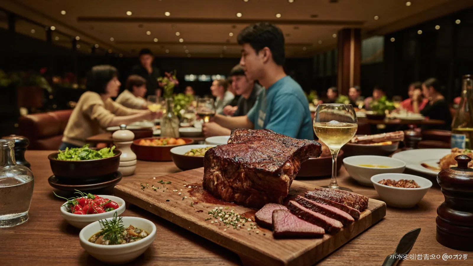 A warm restaurant dining scene, illustrating a guide to the best steakhouses in Hong Kong 2026