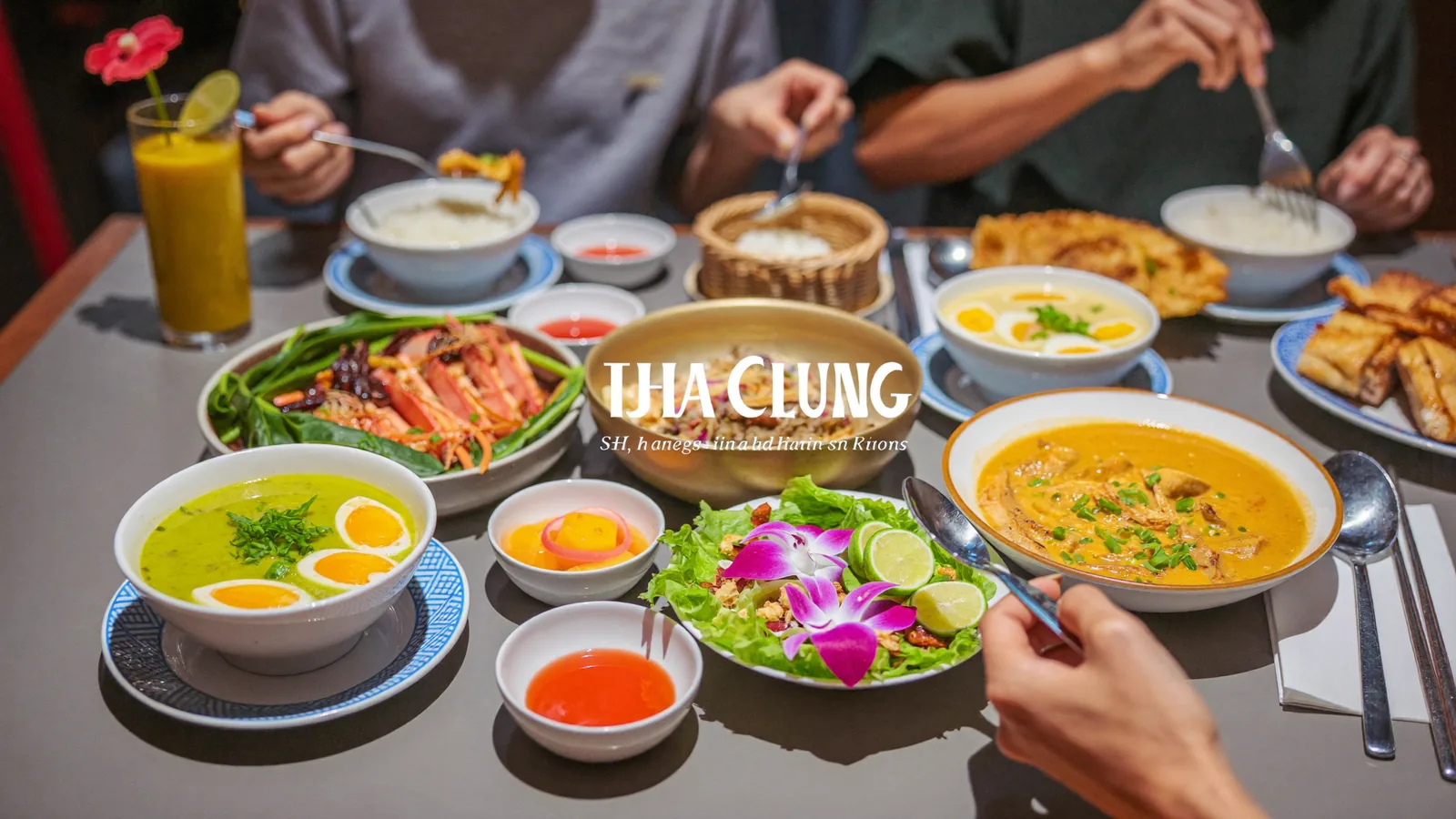 A colourful spread of Asian dishes, illustrating a guide to the best Thai restaurants in Hong Kong 2026