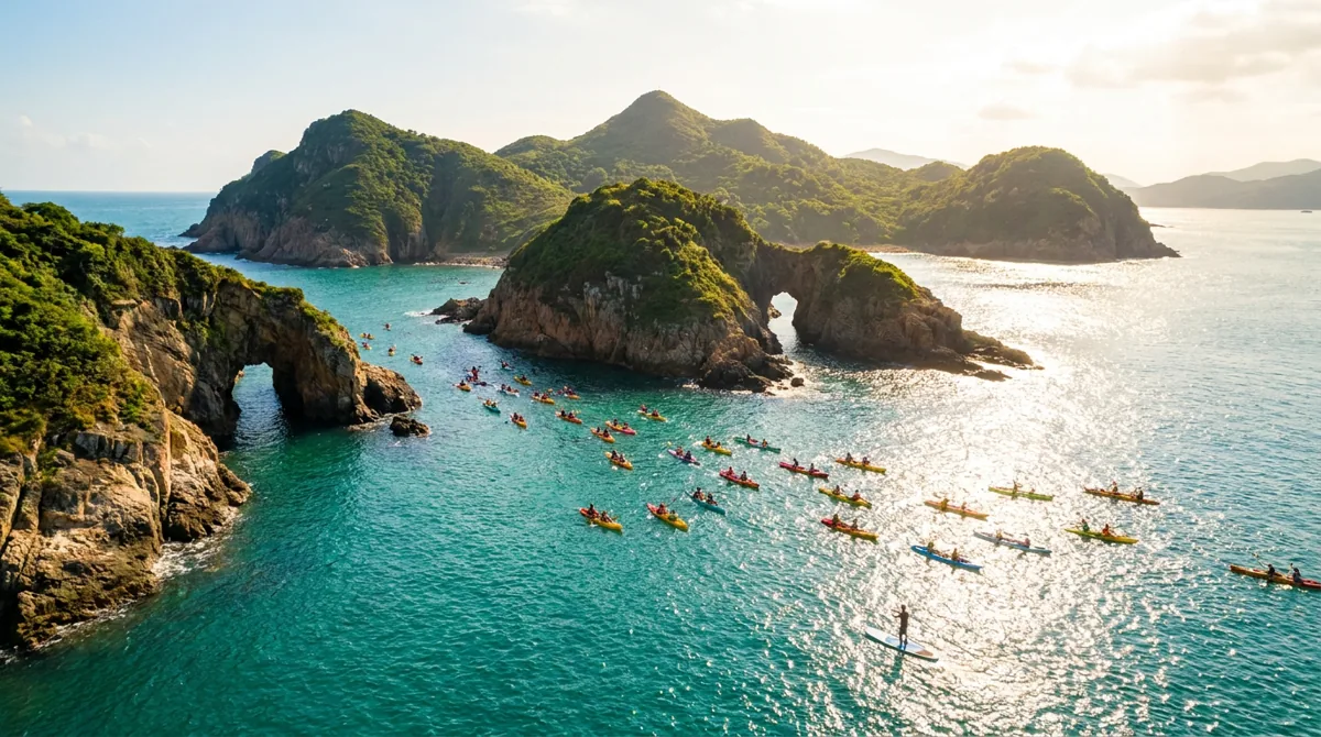 Kayakers and a paddleboarder on turquoise water past the volcanic sea arches of the Sai Kung geopark in Hong Kong