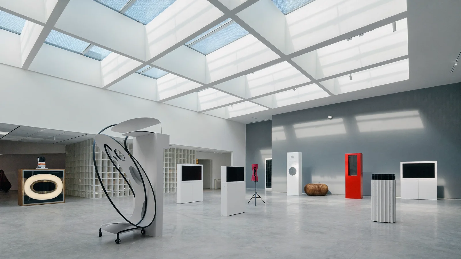 Illustrative image of a bright modern exhibition hall atrium with geometric skylights and abstract sculptural design installations on plinths, minimalist design-fair aesthetic, no readable text or logos, not a photo of the actual event