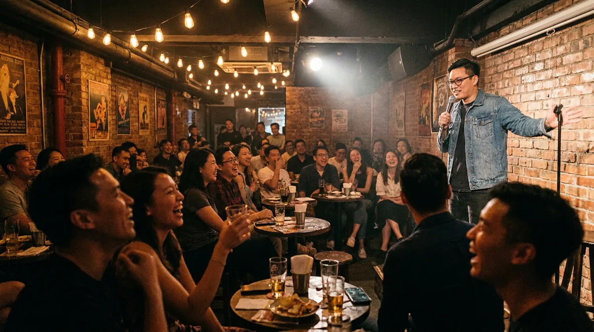 Stand-up comedian on stage with a microphone at a Hong Kong comedy club