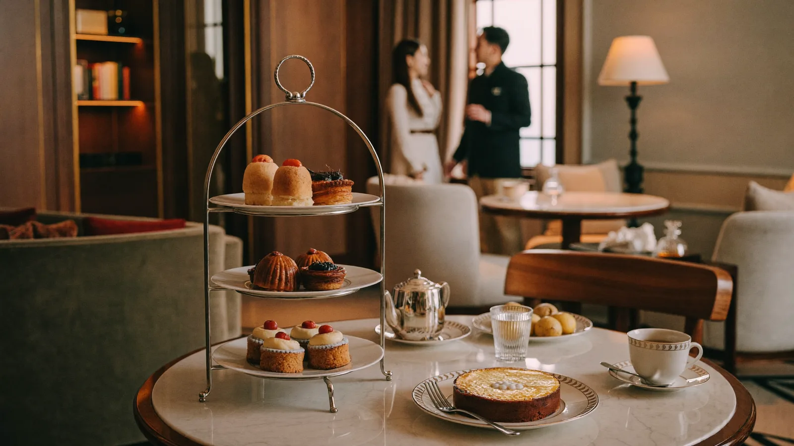 Illustrative image of a three-tiered afternoon tea stand with pastries and a Hong Kong-style egg tart on a marble table in a warm hotel lounge setting, not a photo of the actual Cordis or Tai On menu