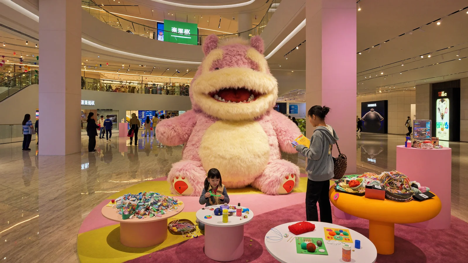 A colourful, softly lit interactive gallery space with giant plush monster-shaped installations and craft materials laid out for children, illustrative image for this AIRSIDE Creative Children Festival guide, not a photo of the actual exhibition