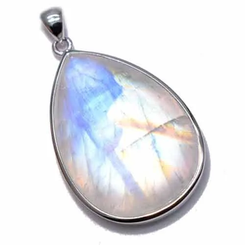 A moonstone teardrop pendant with blue sheen, sold by Crystale in Hong Kong