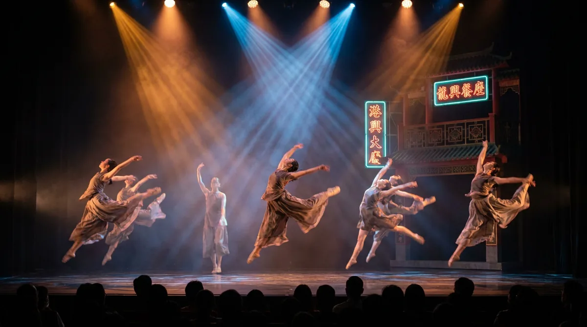 Contemporary dancers mid-leap on a darkened Hong Kong theatre stage under amber and blue spotlights