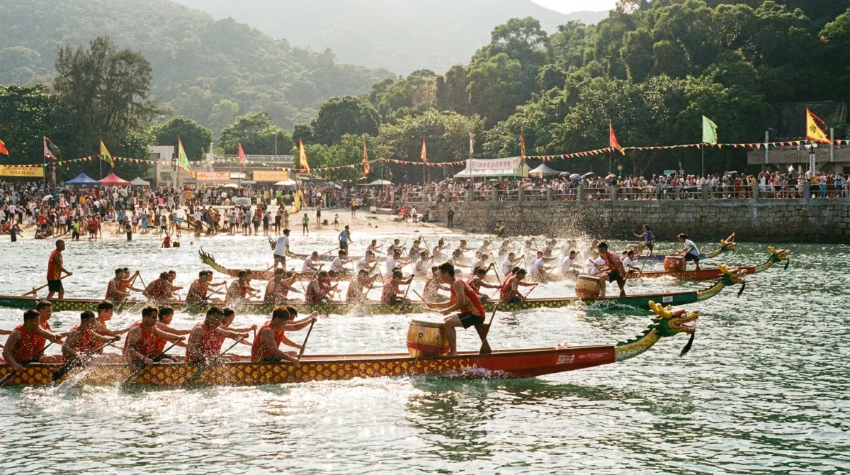 Dragon boat racing at Stanley Main Beach on the Hong Kong Tuen Ng long weekend