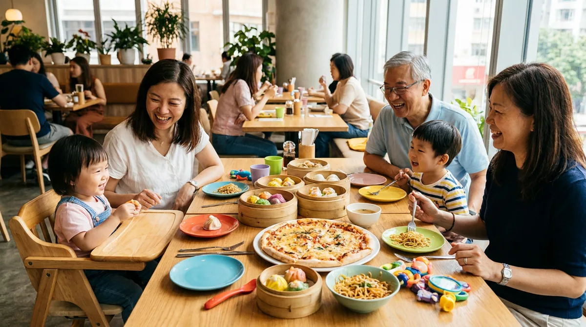 Family with two young children sharing dim sum and pizza at a sunny Hong Kong restaurant table with a high chair