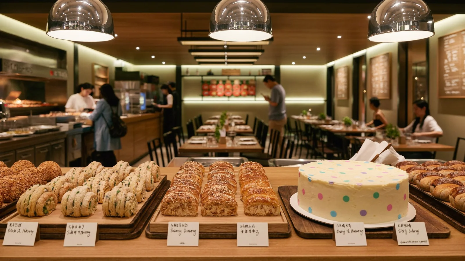 A warmly lit bakery counter with golden pastries, sausage rolls and a polka-dot topped cake next to a steakhouse dining room - an illustrative hero image for this Flat Iron Bakery Quarry Bay guide, not a photo of the venue itself
