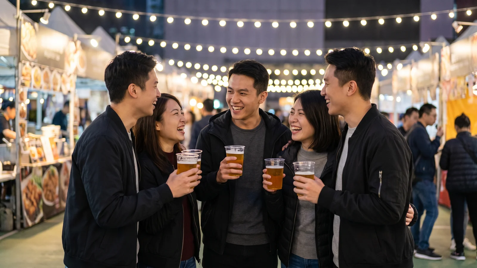 A crowd of local Hong Kong Chinese festival-goers holding craft beer glasses in an open courtyard with string lights and a small stage in the background, illustrative image for this FLOCKFEST 2026 guide, not a photo of the actual festival