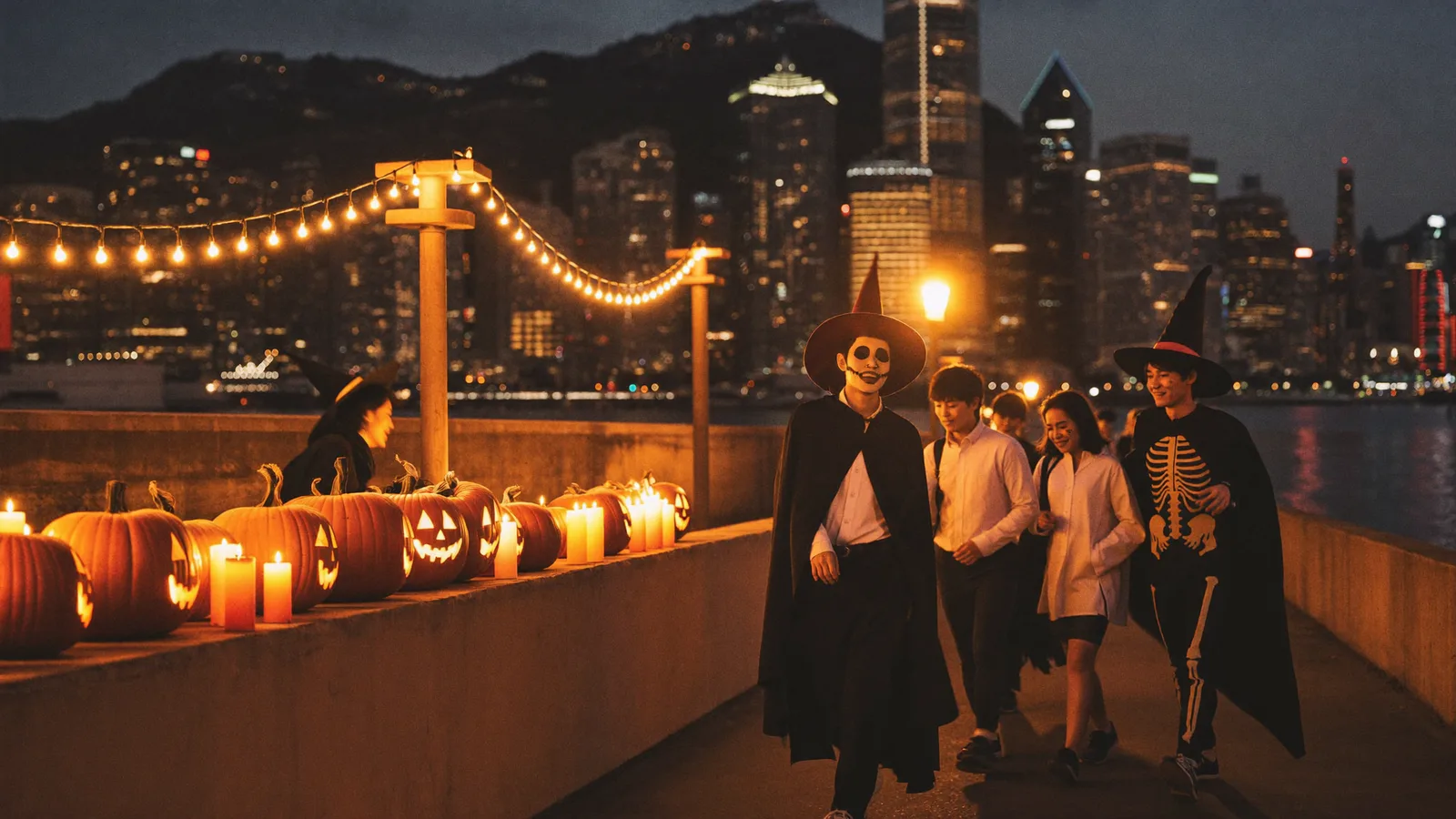 A group of young people in Halloween costumes walking past candlelit carved pumpkins on a harbourfront promenade at dusk, an AI illustration for this Halloween calendar and not a photograph of any event
