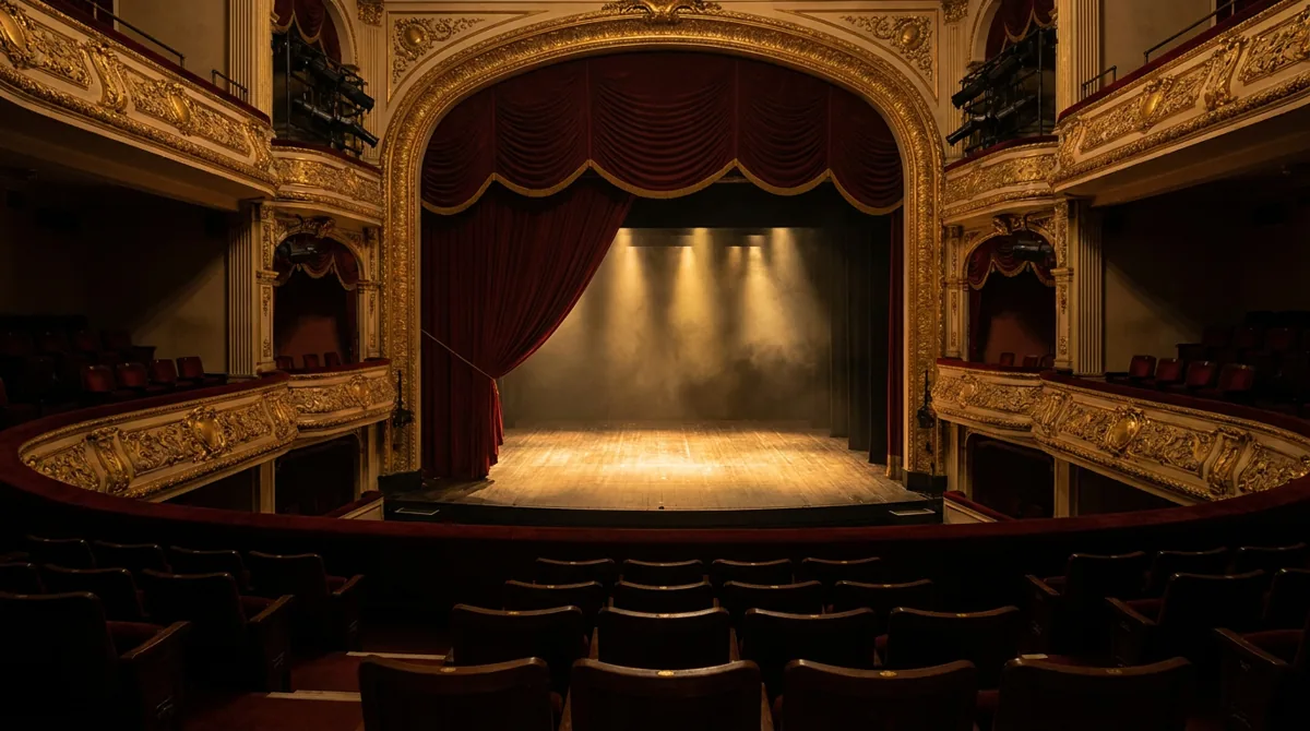 A Hong Kong theatre interior with a dramatic red velvet stage curtain partly open and warm spotlights on an empty stage before a performance