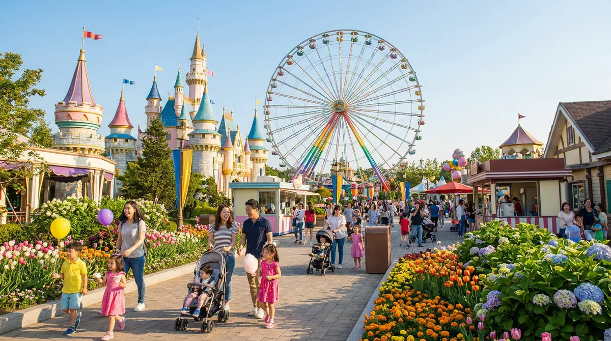 Split comparison: Hong Kong Disneyland castle with fireworks on left, Ocean Park cable car and mountain landscape on right