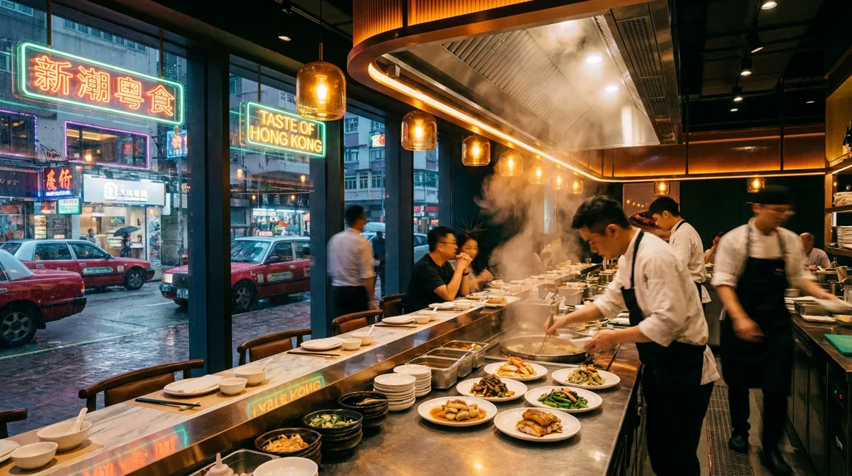 Modern Hong Kong restaurant scene at dusk with chefs plating contemporary Cantonese dishes under warm amber lighting