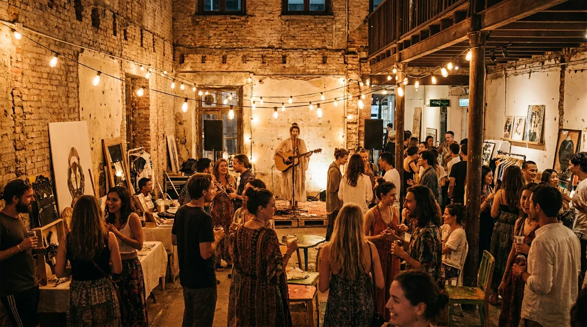 A lively fringe arts performance in a warmly lit historic colonial-era building in Central Hong Kong at night