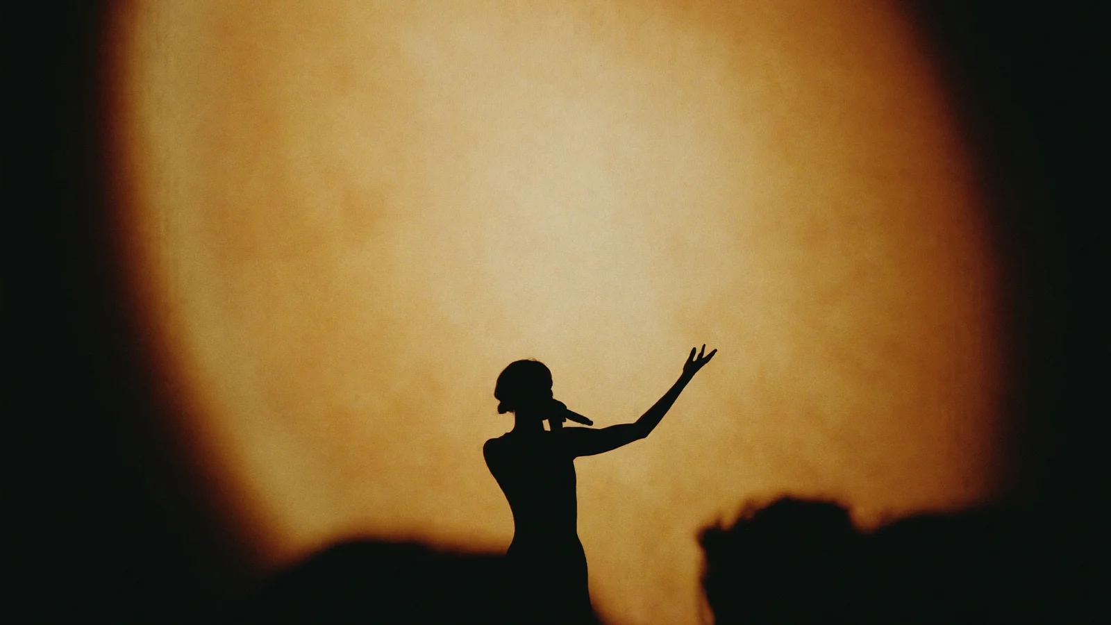 A warm, minimalist small theatre stage lit by a single amber spotlight with a silhouetted host mid-gesture, soft blurred silhouettes of a seated audience in warm bokeh filling the foreground, no readable signage or text anywhere in frame, illustrative image for this Hong Kong Happy Fun Time Show guide at Shouson Theatre, not a photo of the actual performers or venue