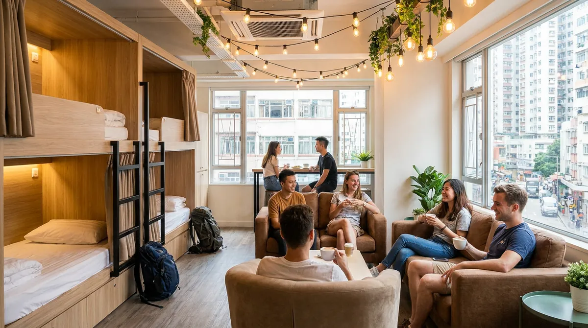 Bright modern hostel common area with travellers socialising, clean dormitory bunk beds and kitchen facilities in Hong Kong