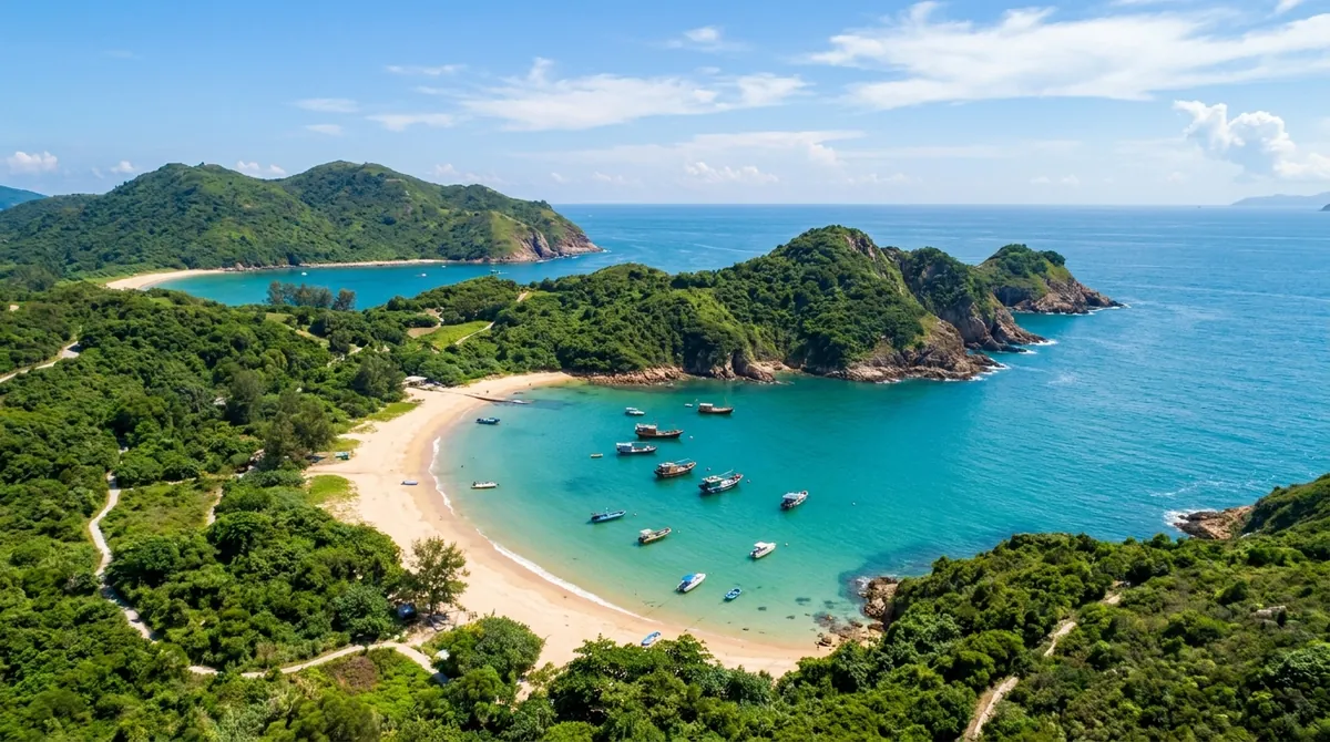 A sunlit Hong Kong beach and rocky coastline under blue sky — illustrative of a Cheung Chau day trip, where car-free beaches and coastal walks are the main draw
