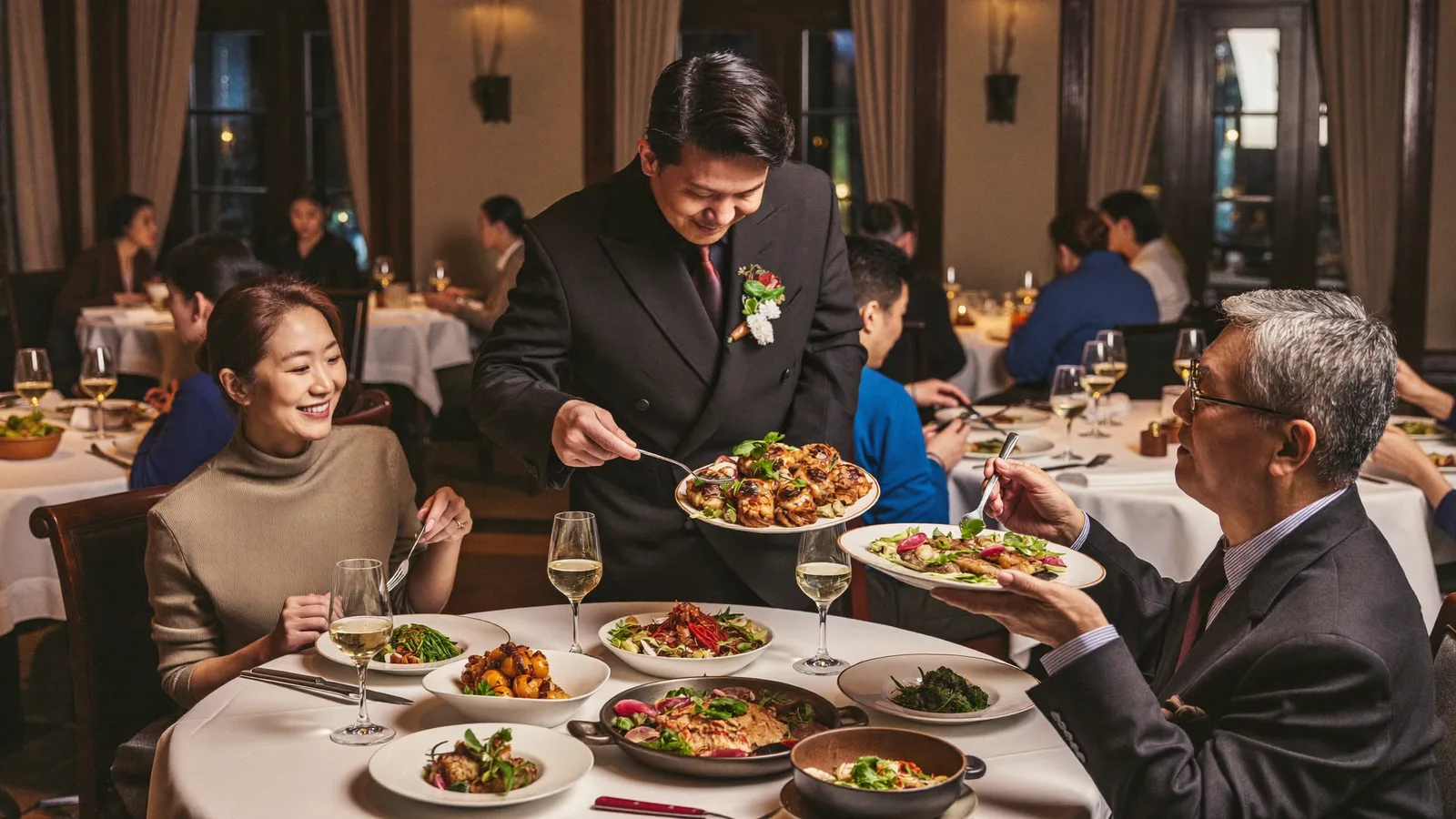 A beautifully plated multi-course set menu on a white tablecloth in a warmly lit restaurant dining room - illustrative hero for this Hong Kong dining promotion guide
