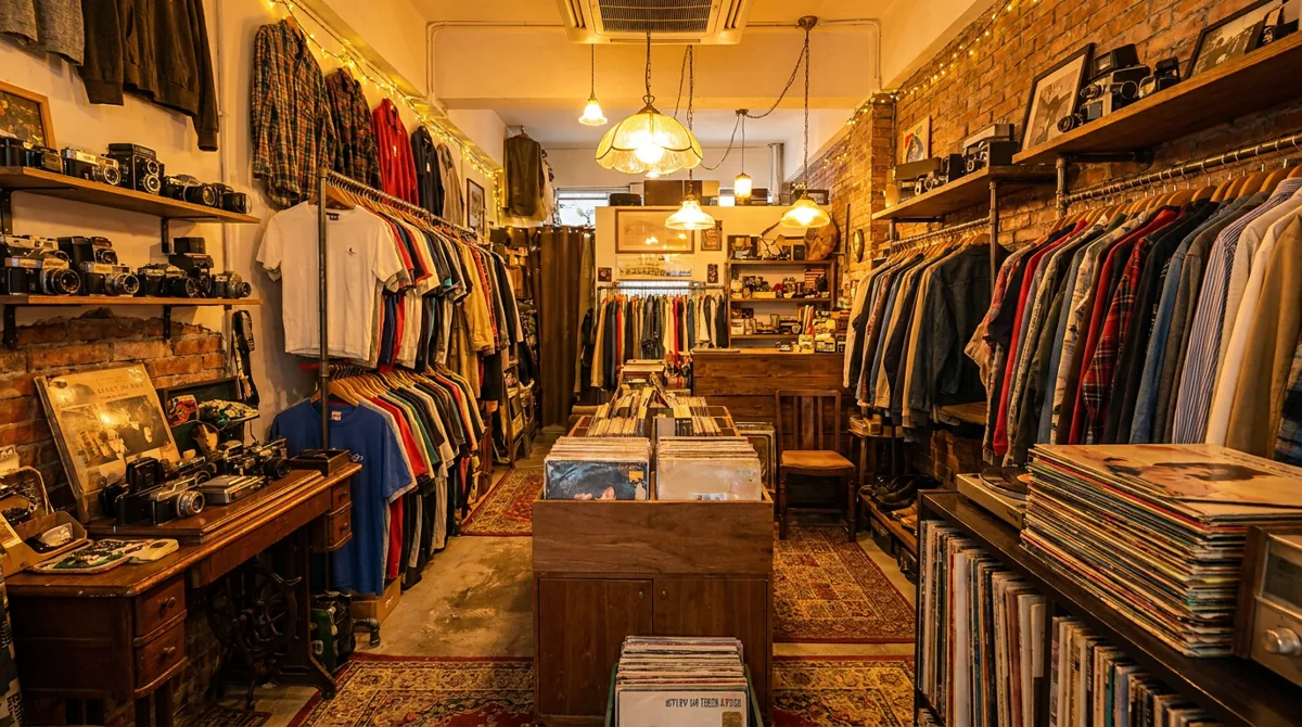 Interior of a Hong Kong vintage shop with packed racks of retro clothing, old cameras and records under warm lighting