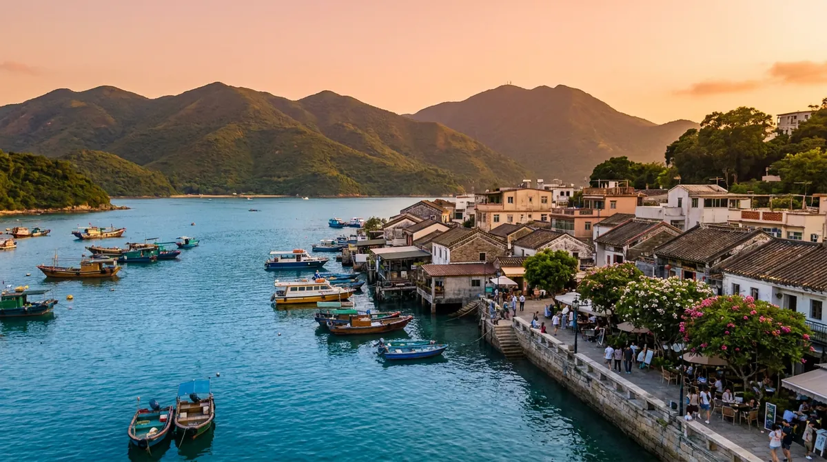 Hong Kong region travel showing scenic mountain landscape, traditional village buildings, and misty morning atmosphere