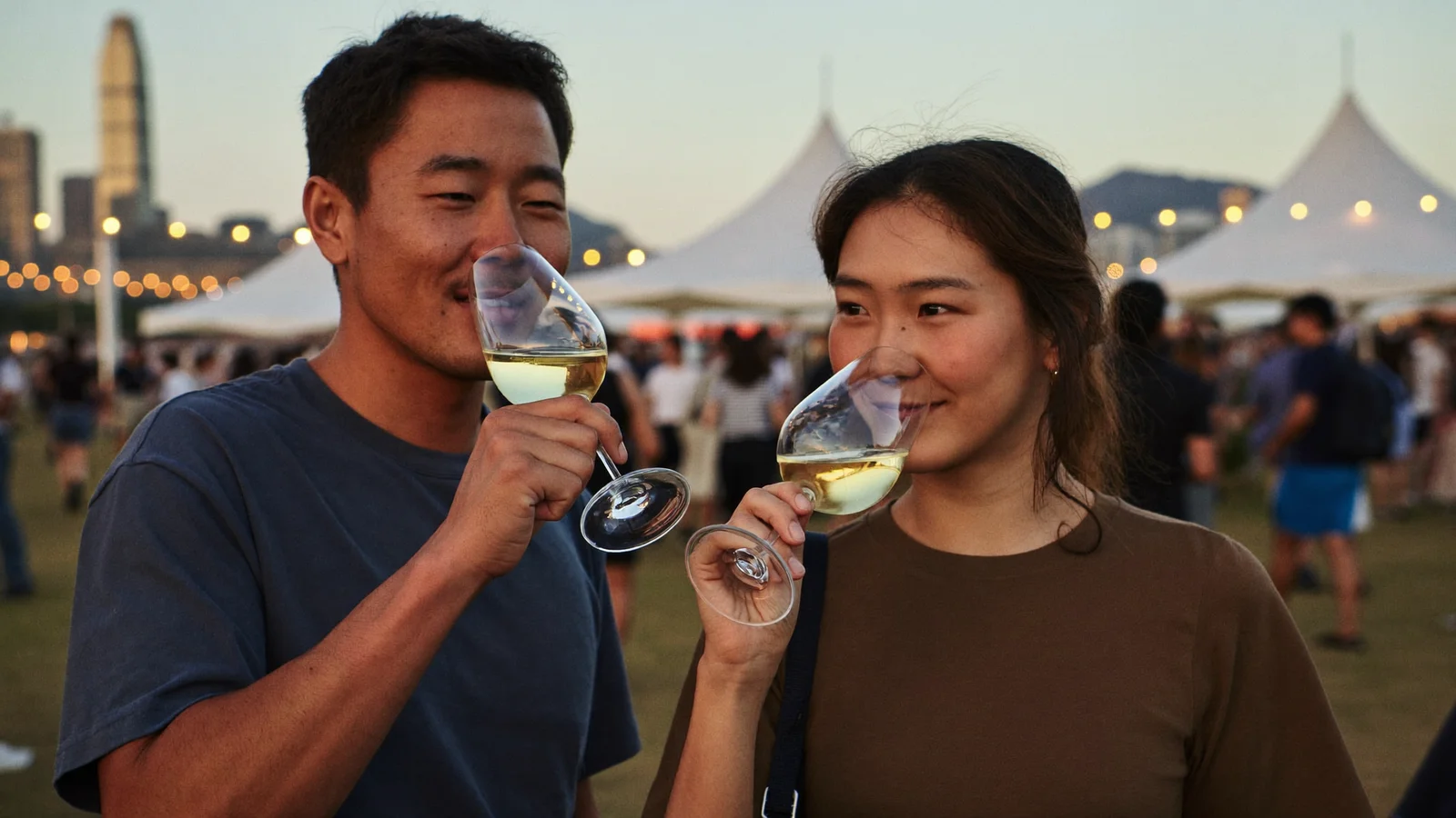 兩位本地香港朋友喺黃昏戶外美酒佳餚巡禮碰杯，背後係串燈同帳篷，示意香港美酒佳餚巡禮——此為示意圖片，並非該活動嘅實照