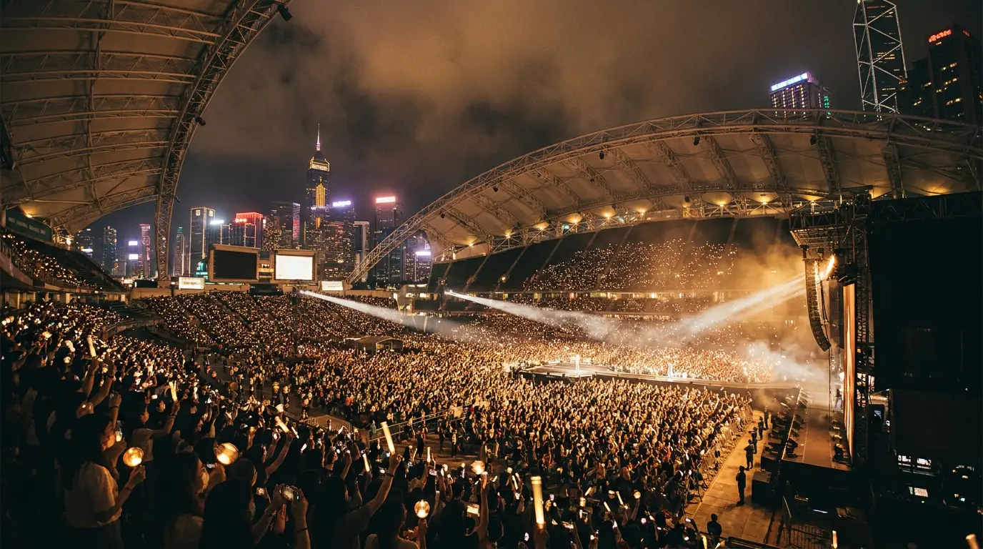 A packed 50,000-seat stadium at night in Hong Kong during a K-pop concert at Kai Tak Stadium 2026, with amber stage lighting, a glowing main stage, a sea of light sticks and the Kowloon skyline beyond