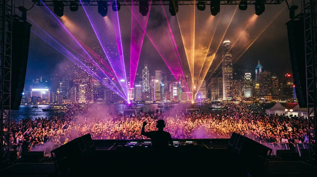 Huge open-air DJ concert at night on the Hong Kong Central Harbourfront with lasers and the Victoria Harbour skyline behind the crowd