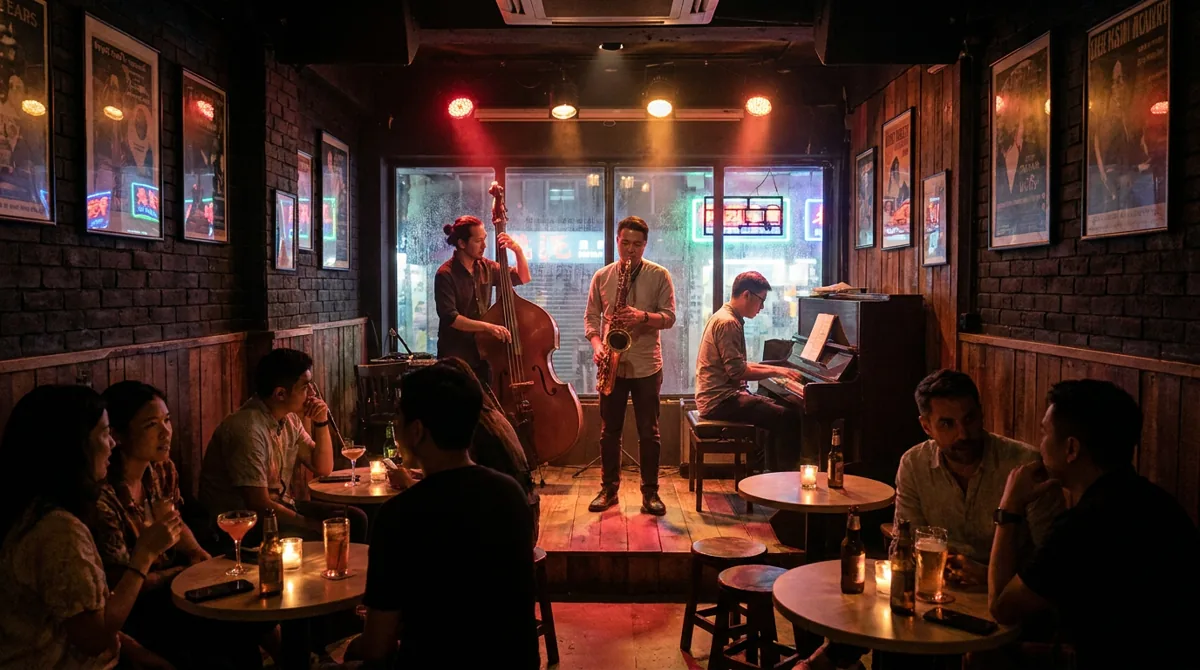 Intimate Hong Kong jazz bar with a trio performing on a small stage under warm amber light and a close audience at candlelit tables