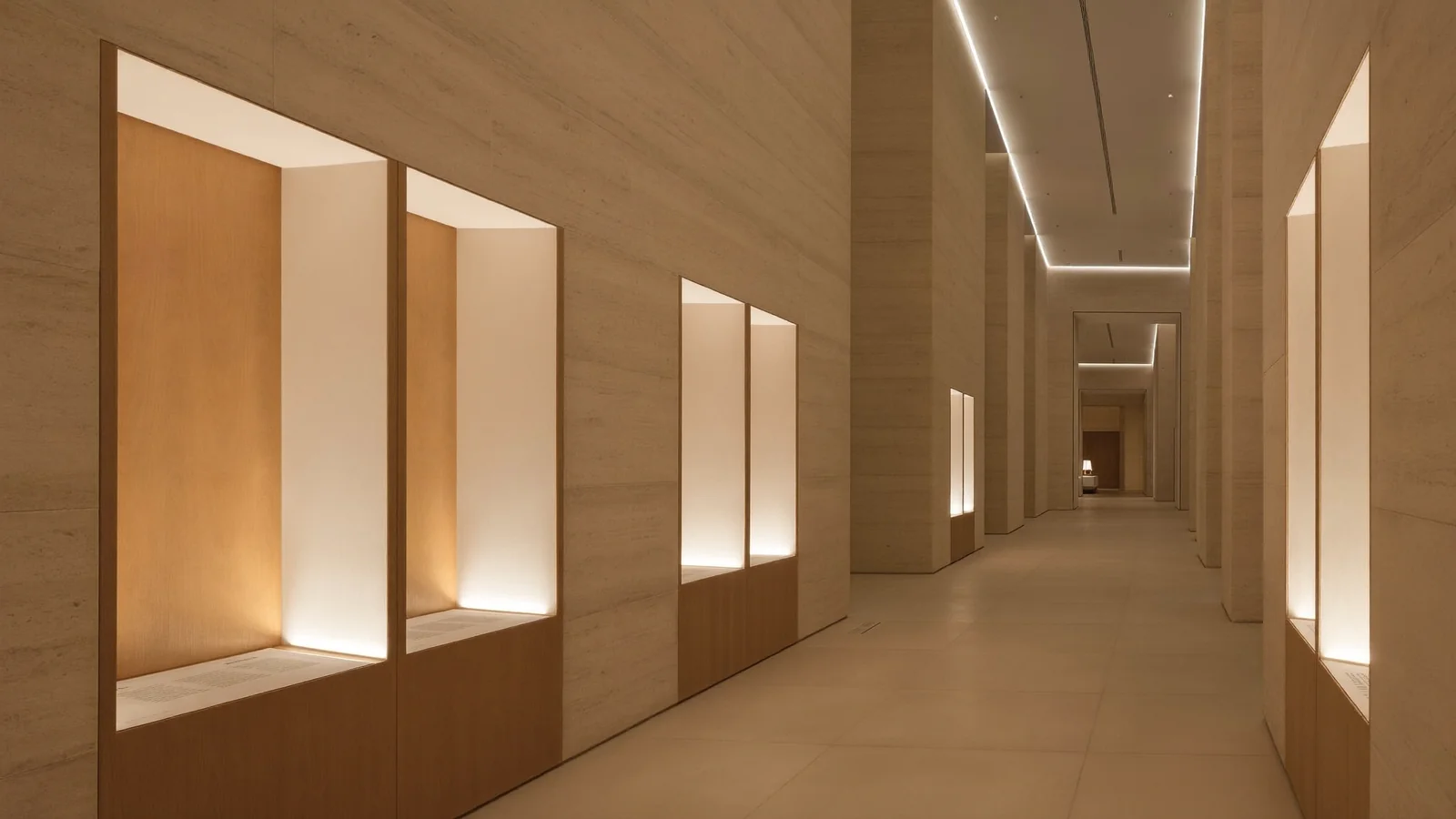 一條光線柔和嘅博物館展廳走廊，暖色調燈光灑喺淺色石牆上 —— 此為香港故宮文化博物館展覽指南嘅示意圖片，並非展廳或展品實景照片