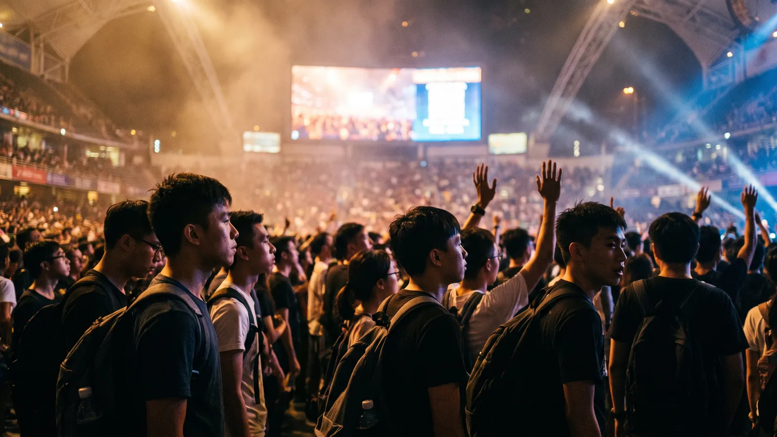 Illustrative image of a lively concert crowd inside a Hong Kong stadium, warm stage lighting and a glowing big screen in the background, not a photo of the actual show