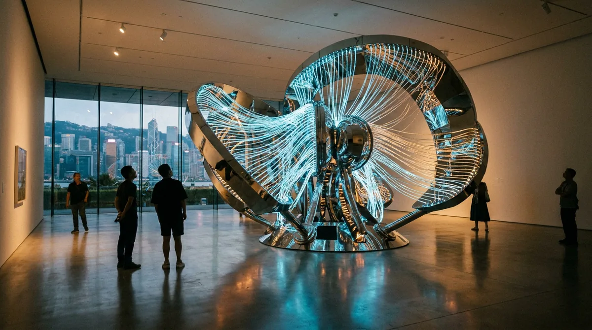 The Lee Bul exhibition at M+ in Hong Kong: a tall, illuminated biomechanical sculpture with glowing filaments and mirrored surfaces in a darkened contemporary art gallery, with silhouetted visitors for scale
