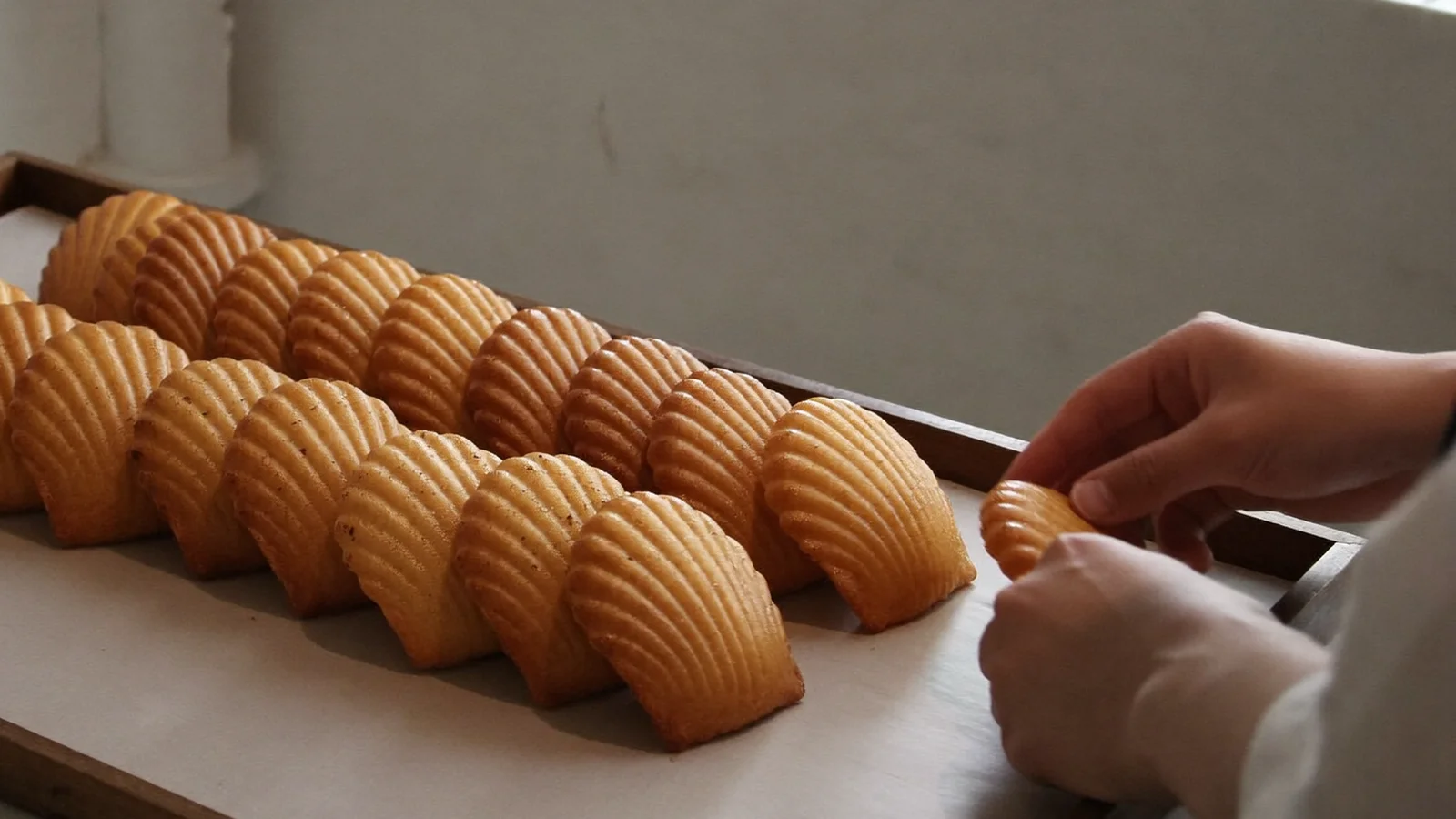 A wooden counter with neat rows of golden shell-shaped madeleine cakes and a small French patisserie shopfront, illustrative image for this Madé French madeleine boutique guide, not a photo of the actual shop interior