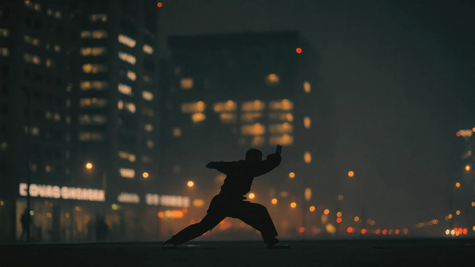 A lone figure in silhouette standing amid Hong Kong neon-lit skyscrapers at night in a martial-arts stance, illustrative image for this Modern Wuxia To Turn To Be theatre guide, not a photo of the actual production or performers