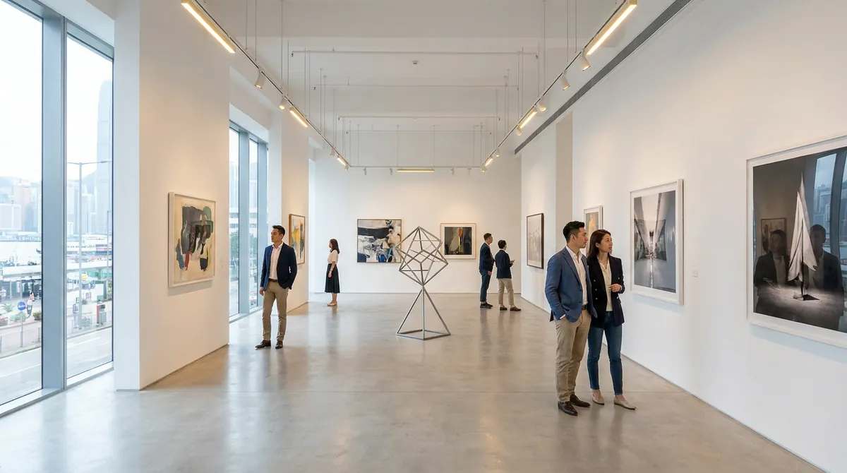 A bright, white-walled art gallery interior with framed paintings and a few visitors — an illustrative scene for the Monet exhibition at the Hong Kong Museum of Art