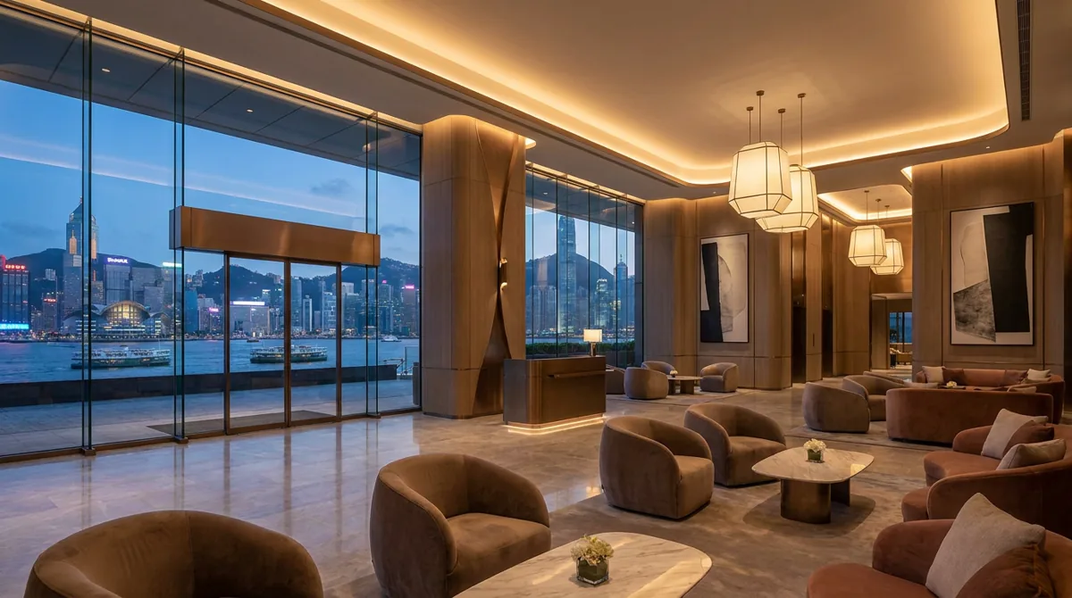 Elegant new Hong Kong hotel lobby with floor-to-ceiling windows overlooking the Victoria Harbour skyline at dusk