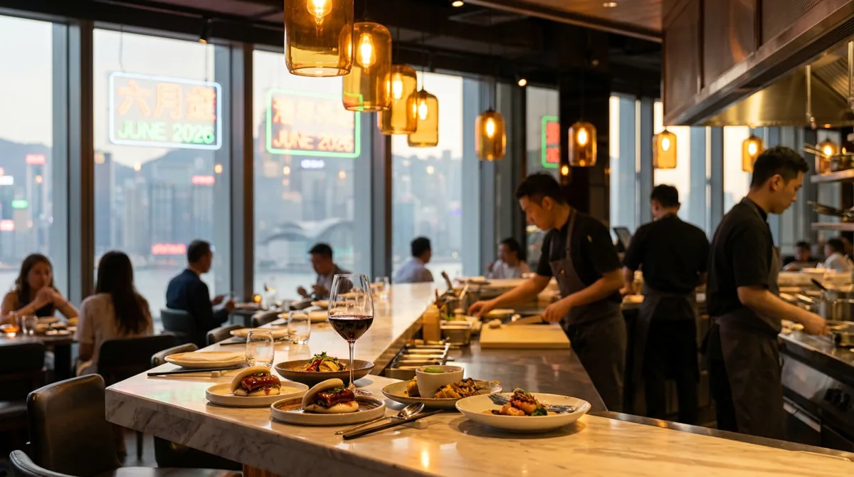 A new Hong Kong restaurant dining room set for service with plated dishes, warm lighting and the city skyline beyond