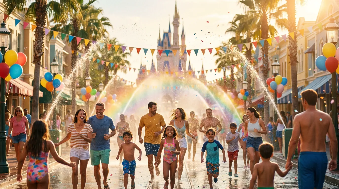 Families and children splashing under colourful water jets at a sunny summer water-play street party at a fantasy theme park, with a fairytale castle in the background — Pixar Summer Fest at Hong Kong Disneyland 2026