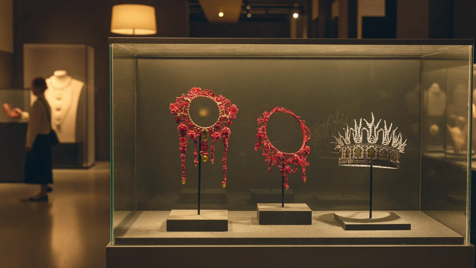A softly lit gallery display case holding red precious coral necklaces and a tiara, with a visitor admiring nearby - an illustrative hero image for this guide to the Precious Coral exhibition at L’ÉCOLE, not a photo of the actual display