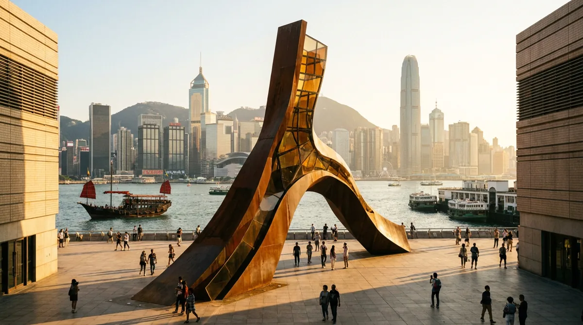 Large-scale contemporary public art sculpture in an open-air Hong Kong plaza with the Victoria Harbour skyline behind it at golden hour