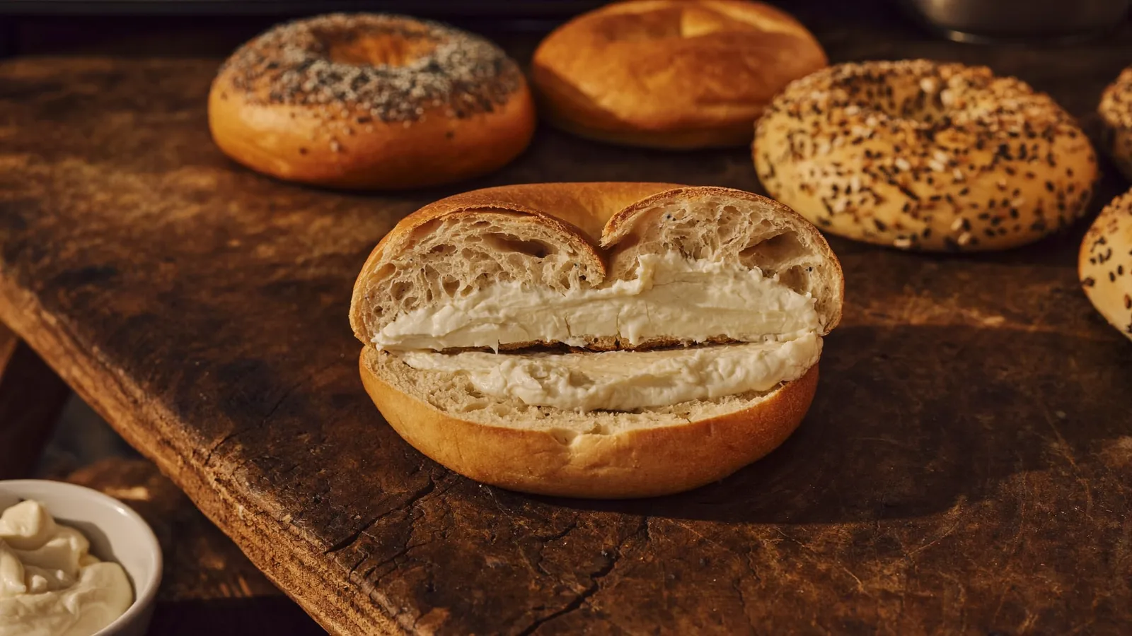 A fresh New York-style bagel sliced open and topped with cream cheese schmear on a wooden bakery counter, illustrating a guide to the new Schragels Delicatessen shop in Tsim Sha Tsui - an illustrative image, not a photo of the actual shop