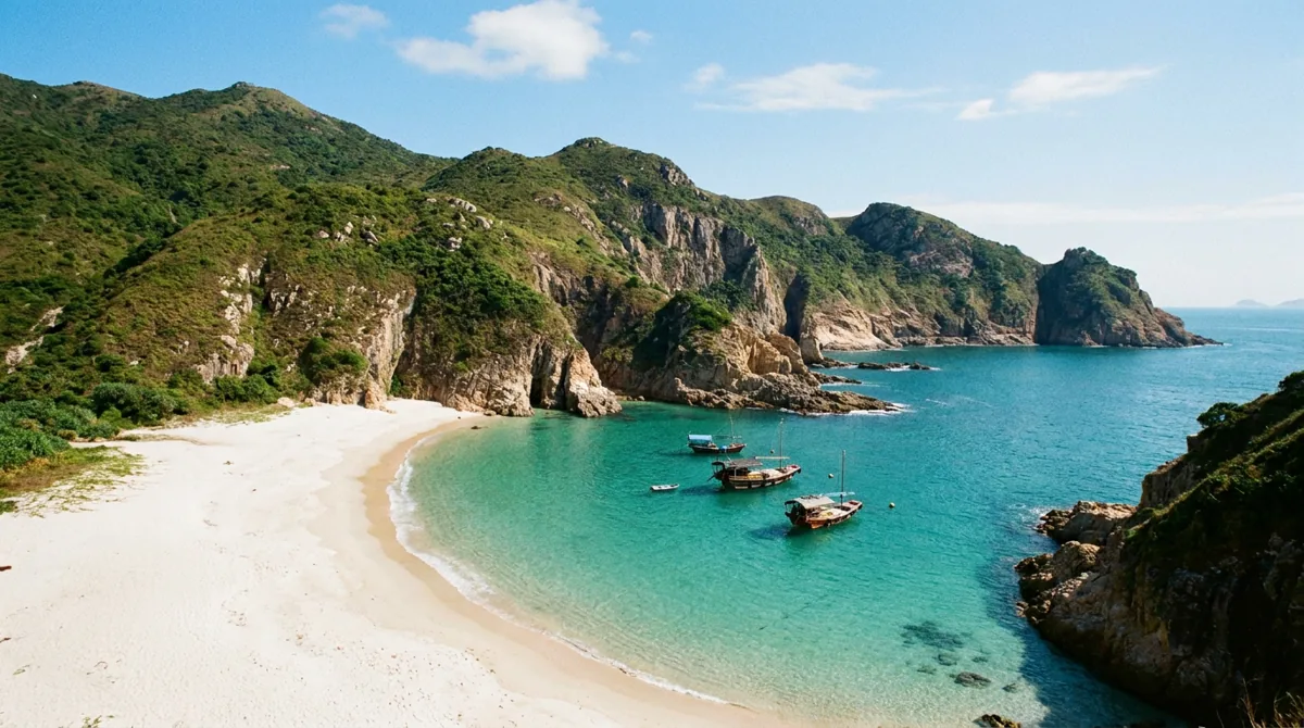 Secret crescent beach near Hong Kong in Sai Kung with turquoise water, green hills and small boats offshore