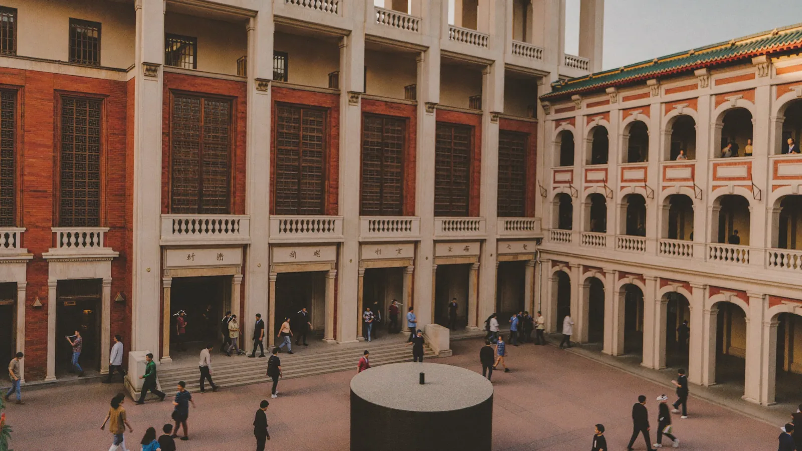 A bright, white-walled contemporary art gallery with visitors, evoking the JC Contemporary art space at Tai Kwun in Central, Hong Kong