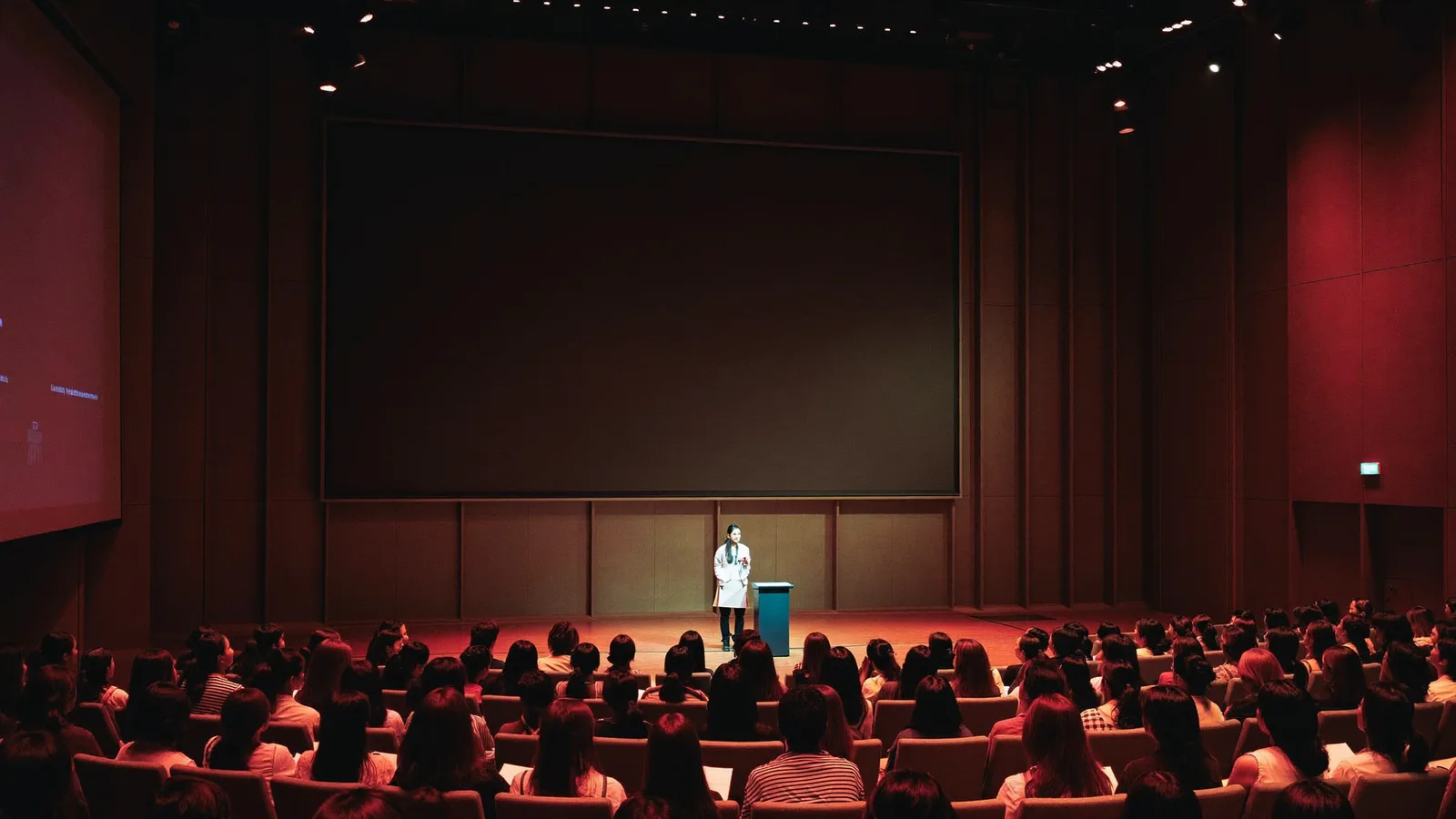 Illustrative image of a spotlit speaker silhouette on a theatre stage in front of a blank screen, facing a full seated audience in a West Kowloon auditorium, not a photo of an actual TEDxTinHau Women speaker or session