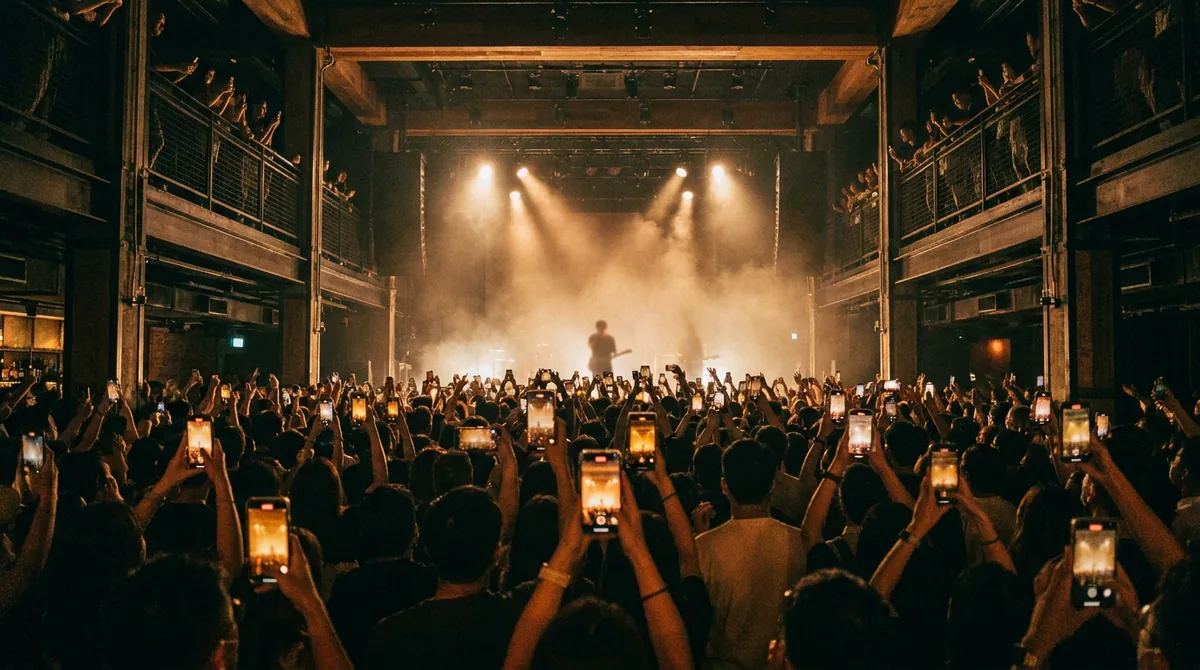A packed mid-sized indoor live music venue in Hong Kong at night during The Kid LAROI's 2026 TIDES concert, with a standing crowd, raised phone lights and warm amber stage spotlights cutting through haze