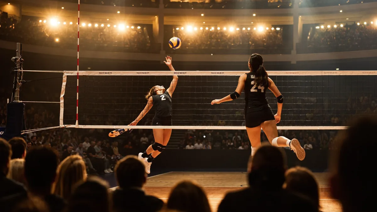 Women's volleyball players contest the ball at the net in a packed indoor arena, evoking the Volleyball Nations League Hong Kong 2026 at Kai Tak Arena
